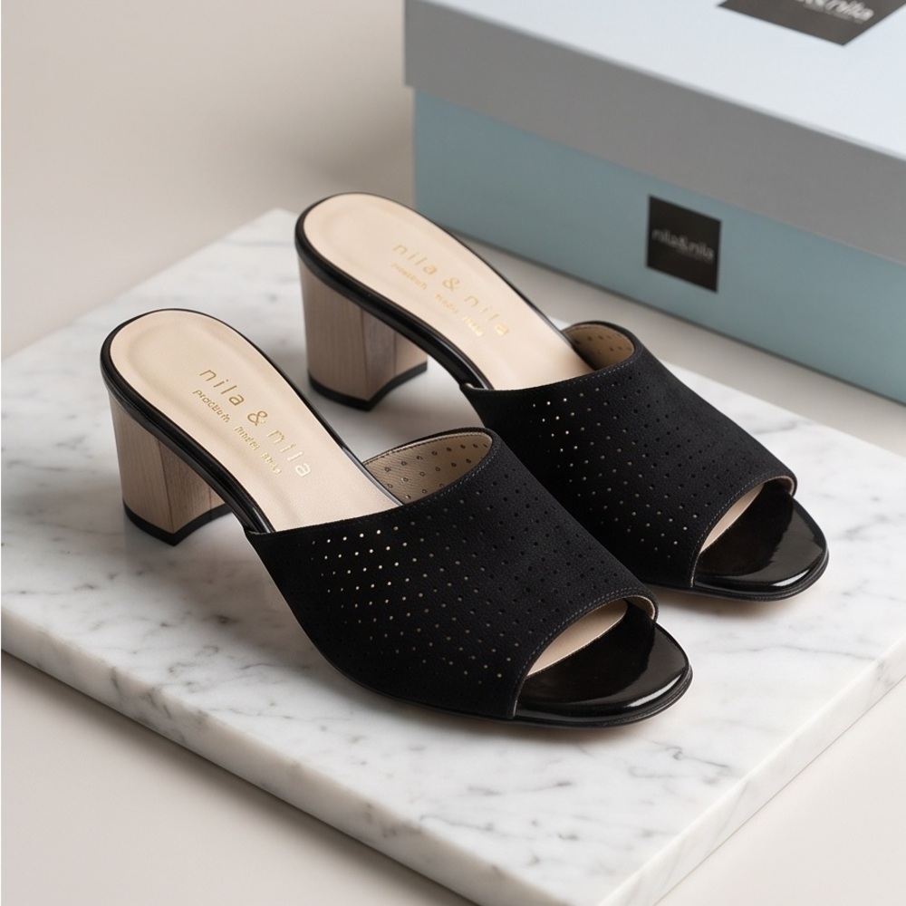 NILA & NILA Women’s Black Soft Suede Open-Toe Block Heel Comfort Summer Mules